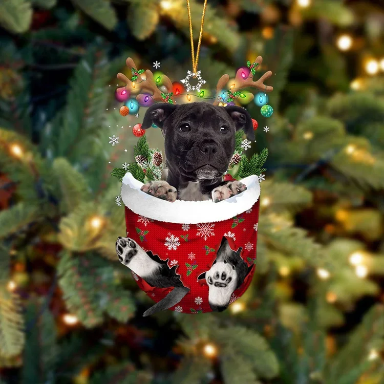 BLACK American Staffordshire Terrier In Snow Pocket Christmas Ornament trabladzer