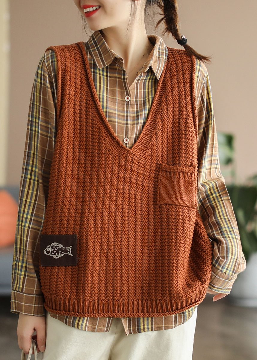 Boho Orange V Neck Pockets Knit Tank Tops Sleeveless CK546- Fabulory