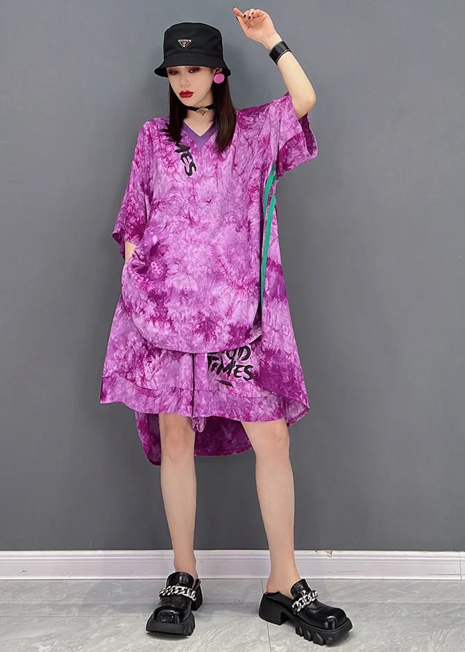 Loose Purple Red V Neck Tie Dye Low High Design Chiffon Two Piece Set Summer