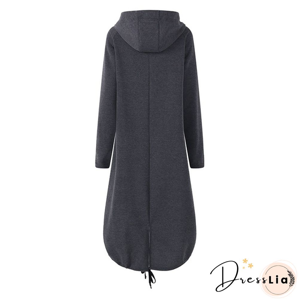 Oversize Women Hooded Long Sleeve Zip-up Asymmetric Hem Long Hoodie Coat Jacket Outwear