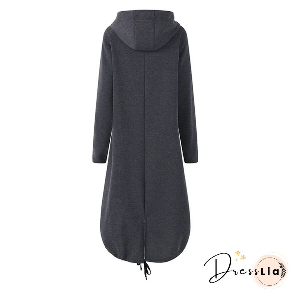 Oversize Women Hooded Long Sleeve Zip-up Asymmetric Hem Long Hoodie Coat Jacket Outwear