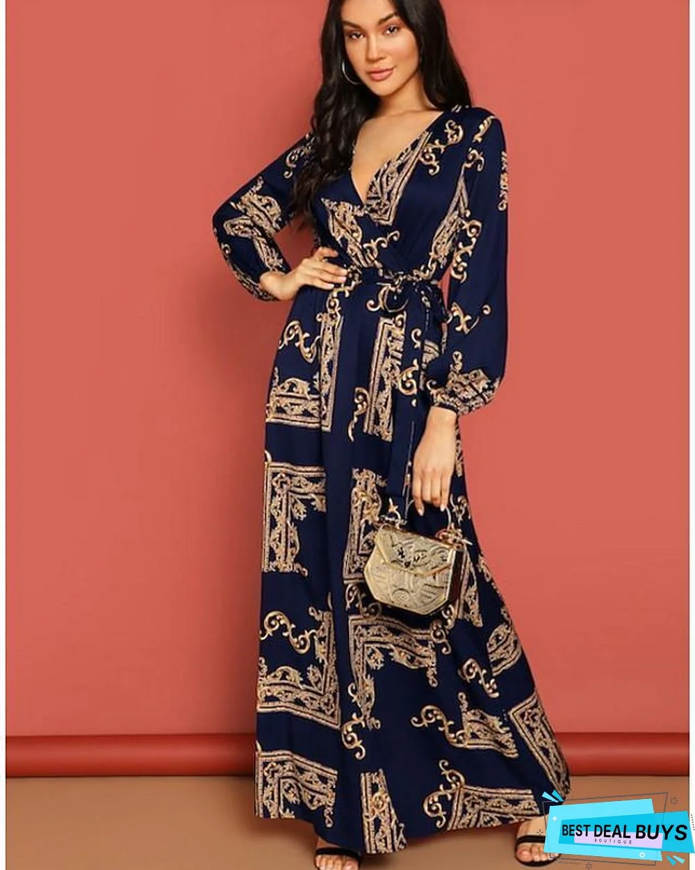 Women's A-Line Dress Maxi Long Dress Long Sleeve Geometric Spring & Summer Hot Elegant Black Navy Blue Black Dresses