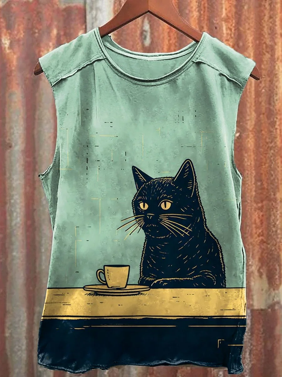Vintage Black Cat Chilling with Coffee Print Casual Tank Top Eagerlys