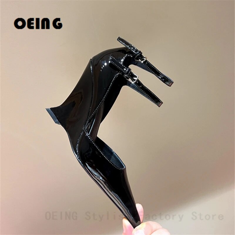 VCSHOES Women Sculpted Wedge Heels Pumps Pointed-toe Ankle Straps Patent Leather Shoes Female Wedding Party Dress Shoes