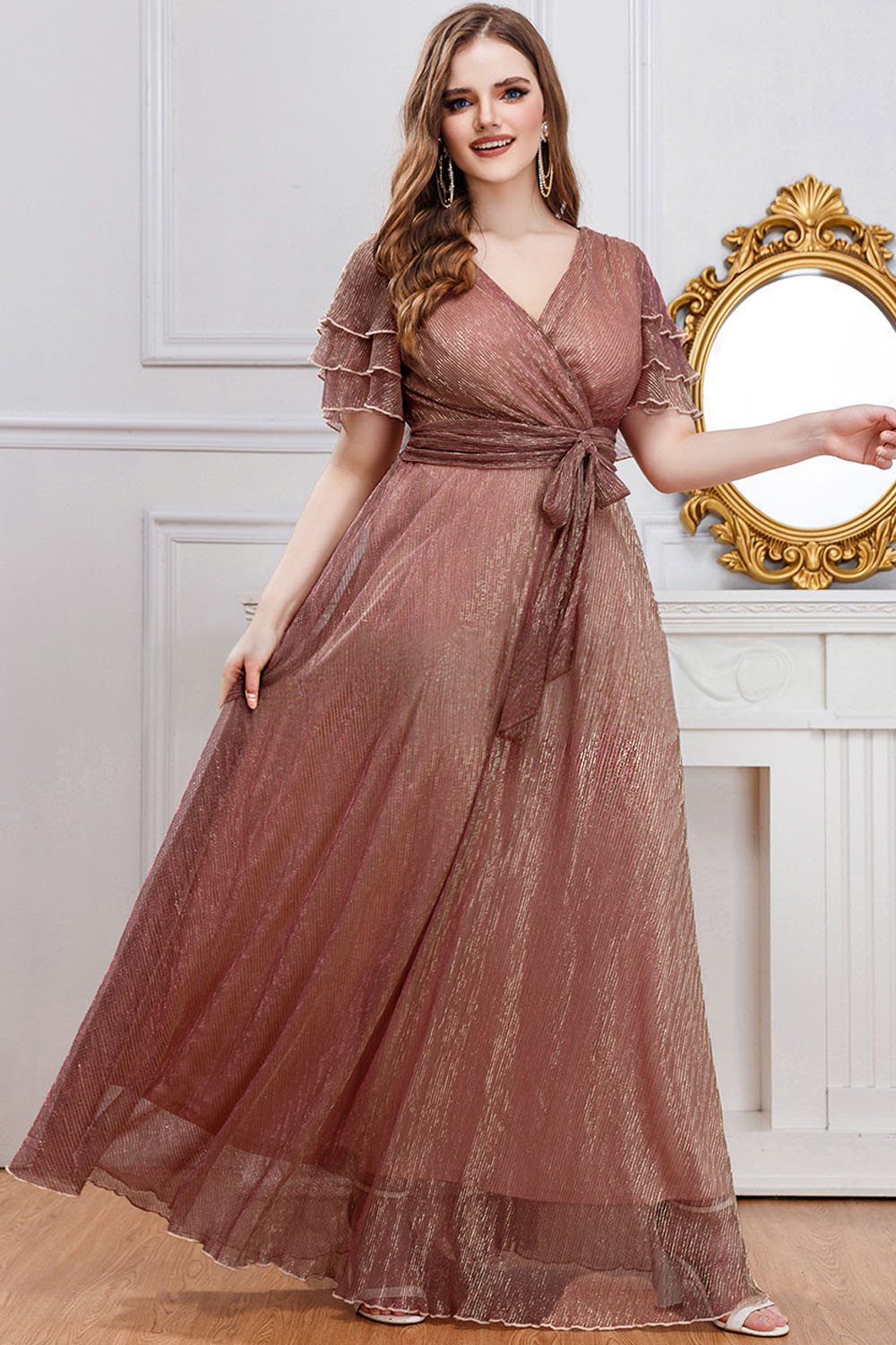 Plus Size Mother Of The Bride Lotus Pink Metallic Mesh Wrap Ruffle Sleeve Maxi Dress