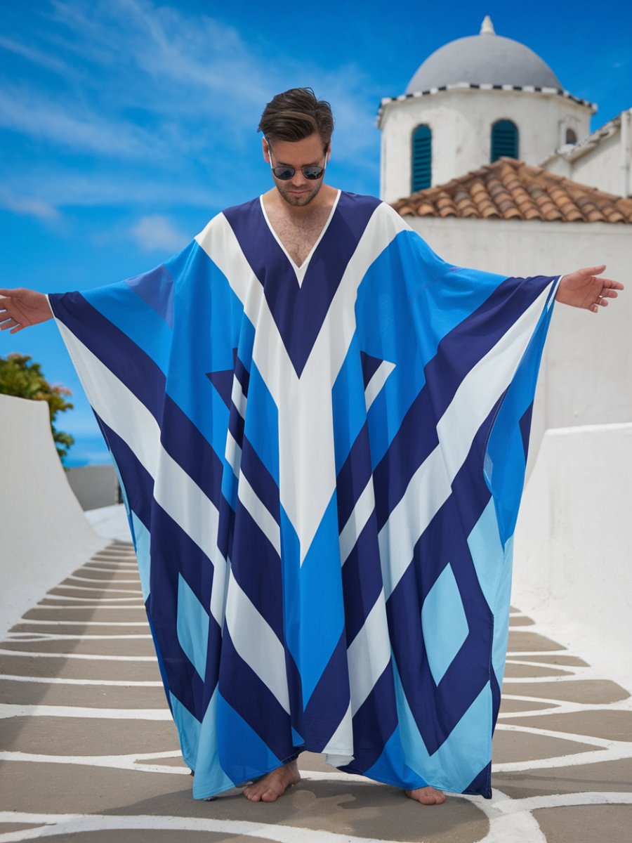 Men's Light Blue Curved Polyester V-Neck Kaftan