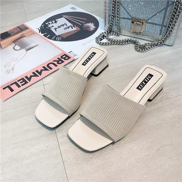 Square heel Shoes Woman 2020 Slippers Heels Luxury Slides Med Pantofle Block High Designer New Summer PU Fashion Rome Shearling