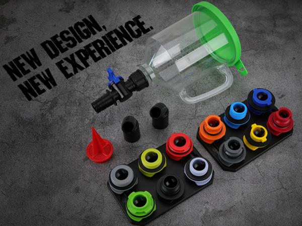 Product Introduction of 18-Piece Engine Oil Funnel Set. 1.36 qt Automotive Oil Funnel Kit with 12 Adapters. Elbow Fitting. Arrow Screen and Magnetic Storage Hooks Tray. Compatible with GM. Ford. BMW. Audi. Land Rover Etc 4
