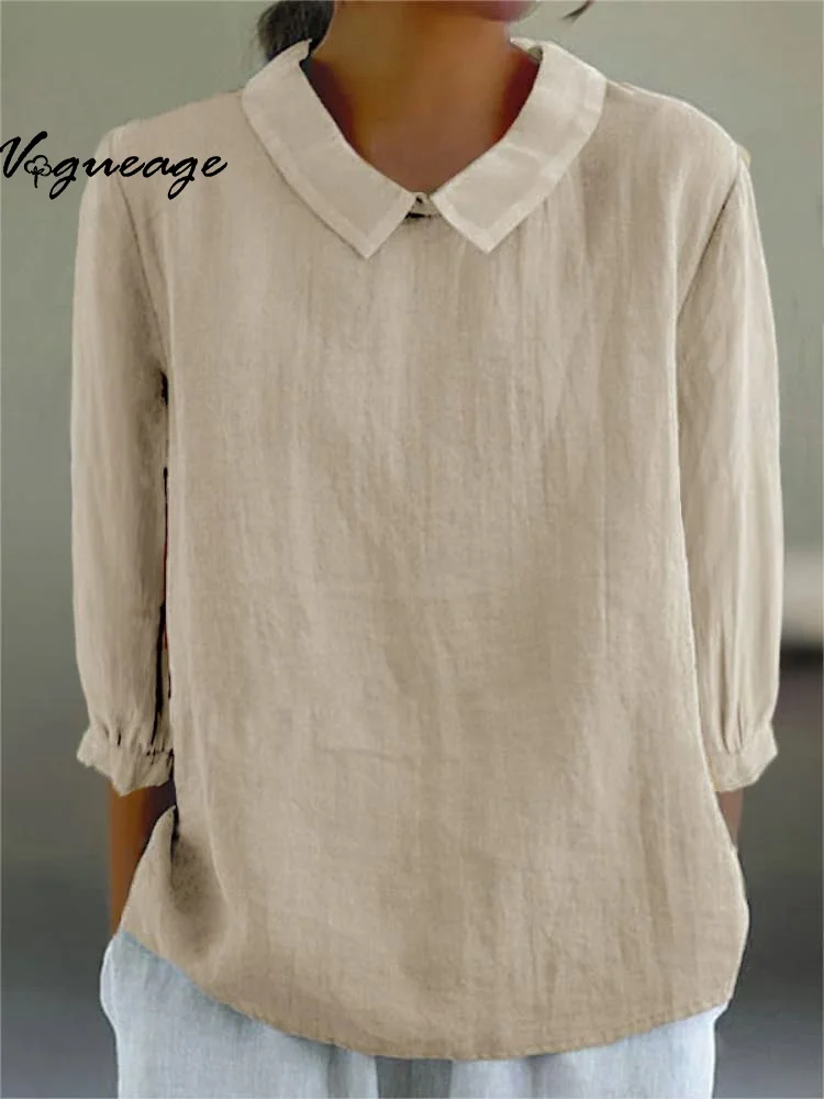 Solid Color Loose Lapel Three-Quarter Sleeve Women's Cotton Shirt