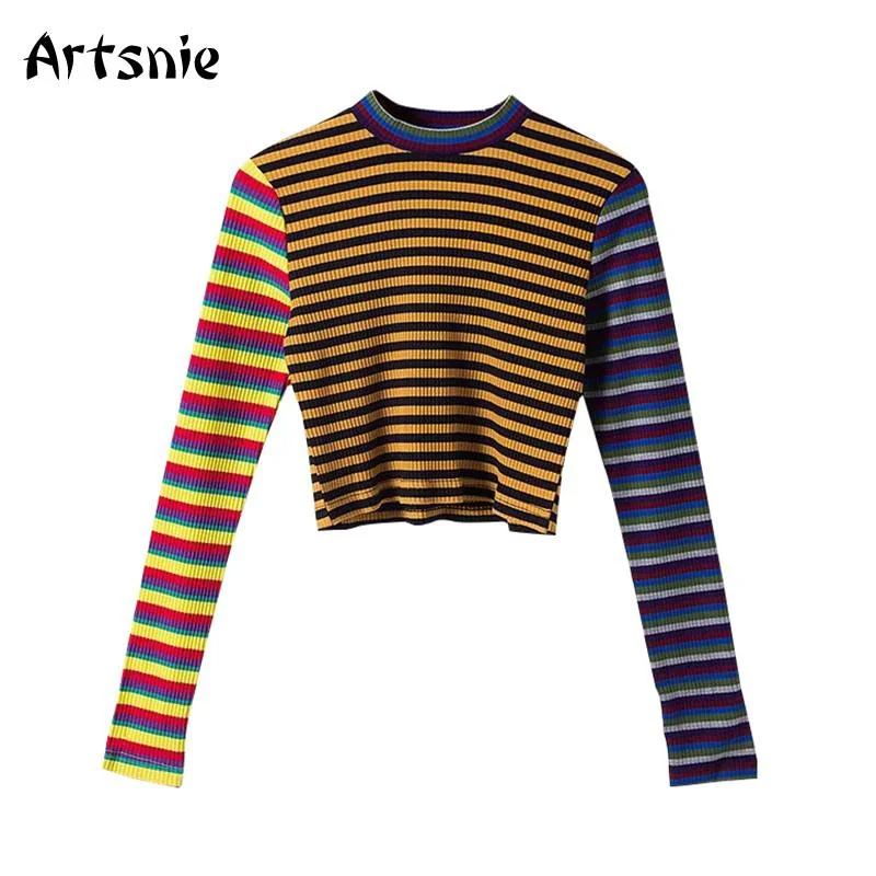 Artsnie Color Striped Knitted Short T Shirts Women Autumn 2018 O Neck Long Sleeve Streetwear Cropped Casual Girls Crop Tops Tee