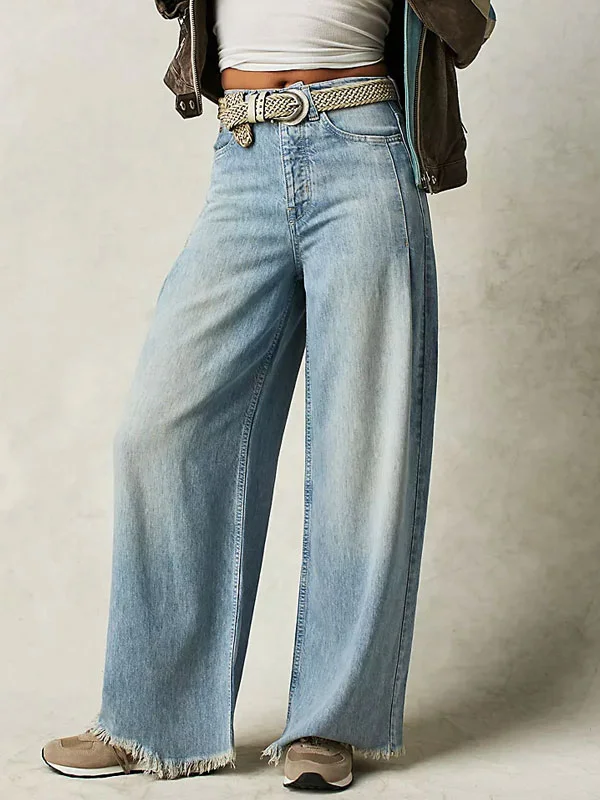 high waist wide leg casual raw hem casual women's jeans