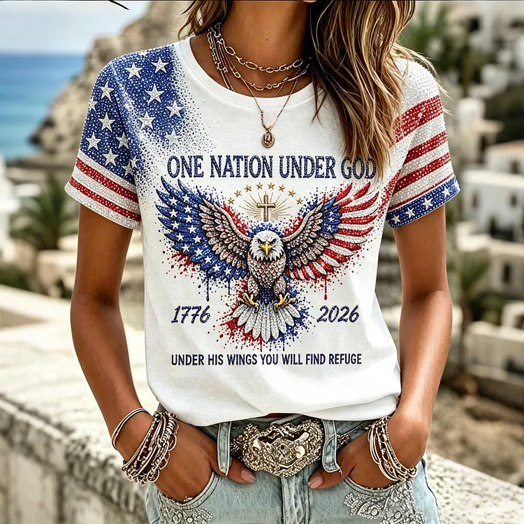 Women's Retro American One Nation Under God Cross Flag Print T-shirt