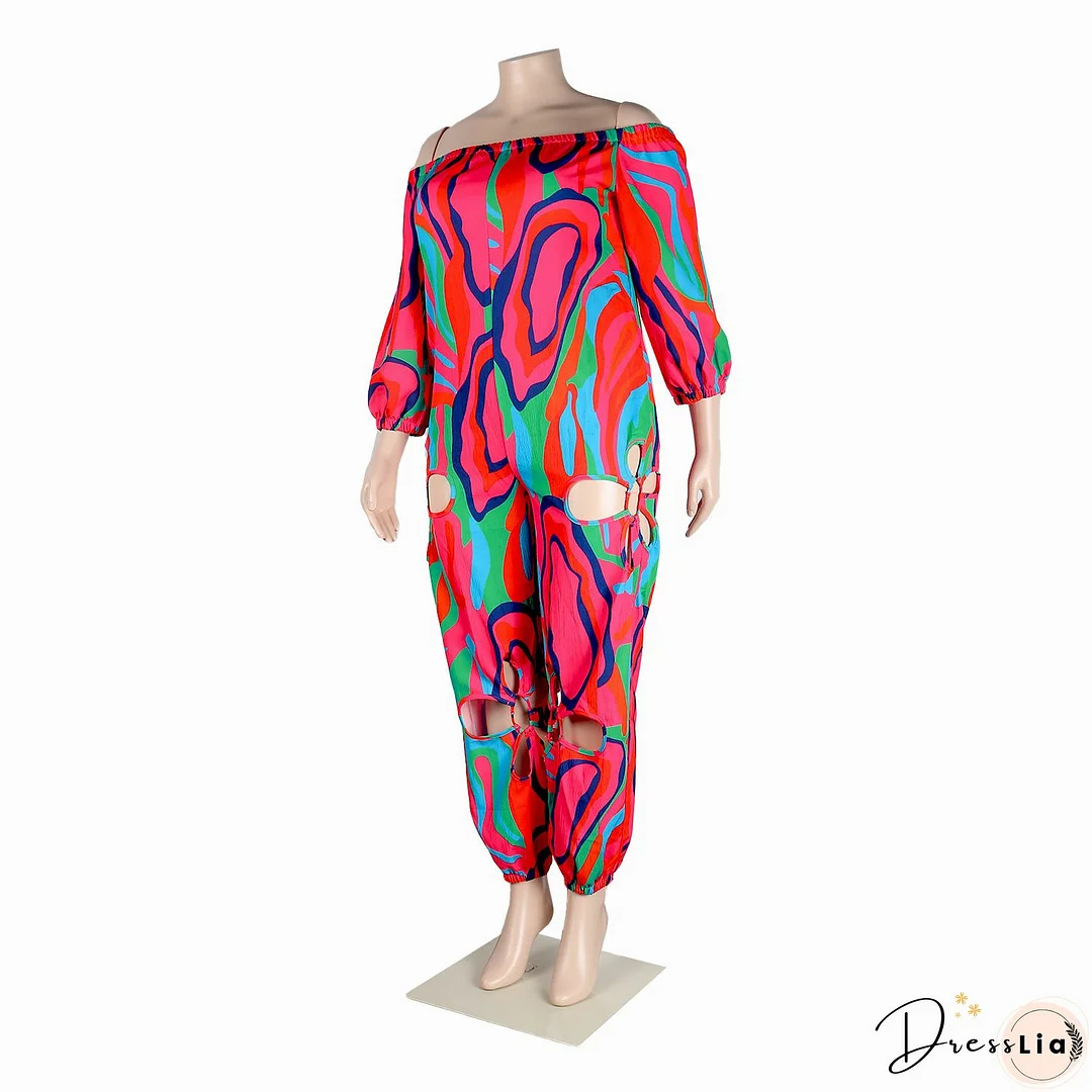 Sexy Slim Low Back Crochet Print Plus Size Jumpsuit