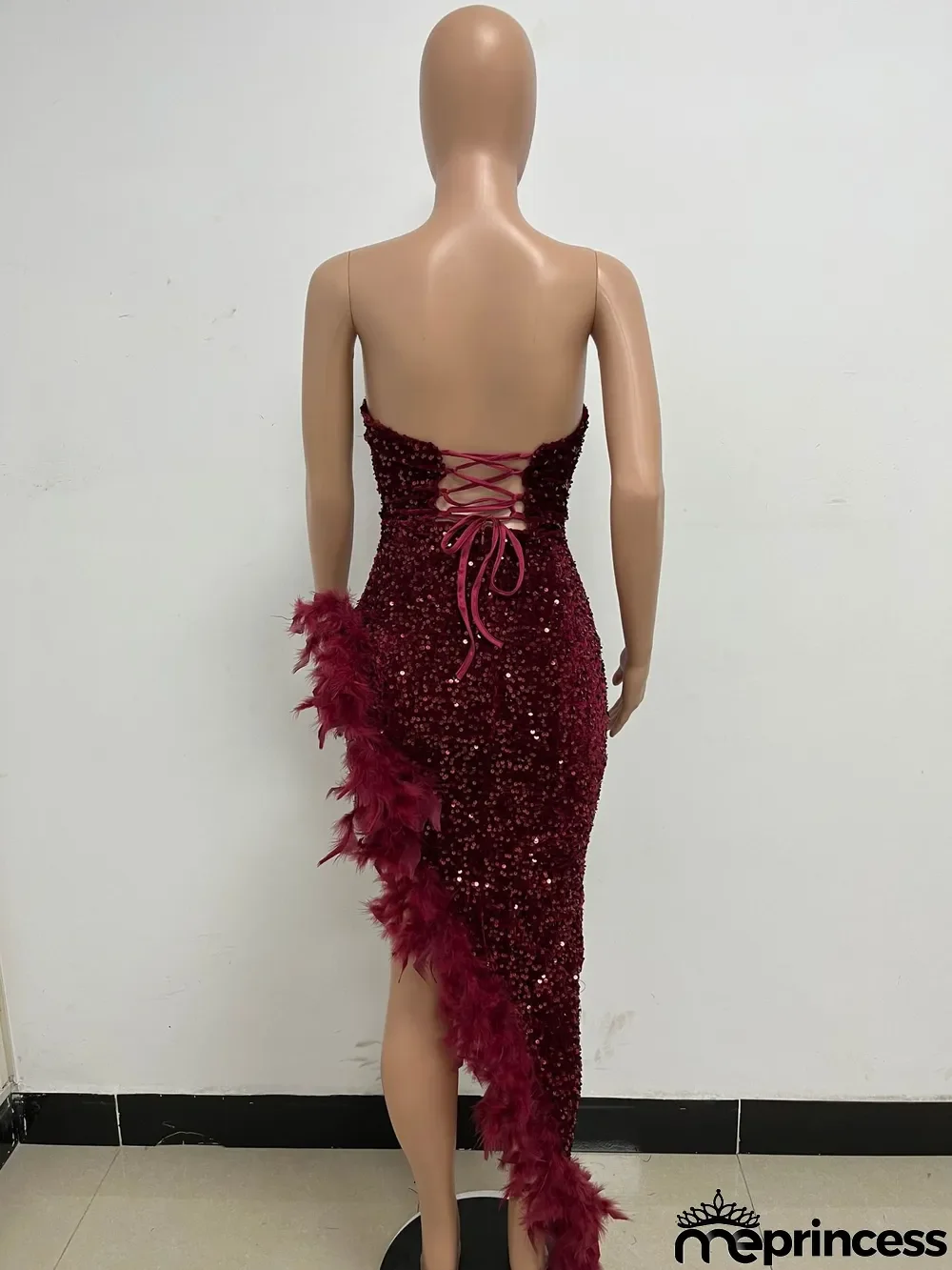 Women Sexy Off Shoulder Backless Sequin Feather Dress