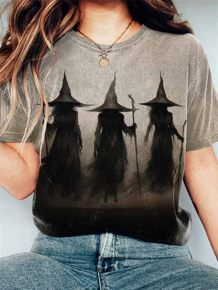 Comstylish Women's Halloween Witch Art Print Vintage T-Shirt