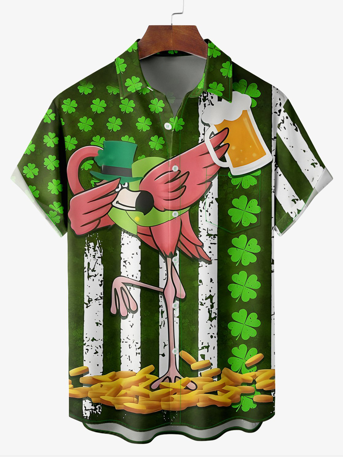 St. Patrick's Day Flamingo Print Short Sleeve Casual Shirt PLUSCLOTHESMAN