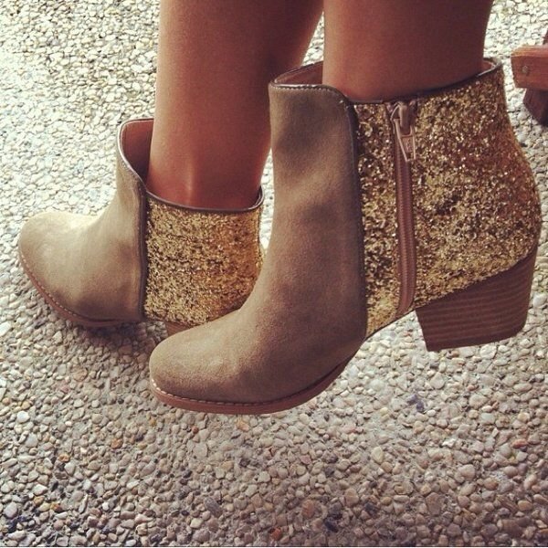 Gold and Tan Glitter Boots Round Toe Wooden Chunky Heel Ankle Boots |FSJ Shoes