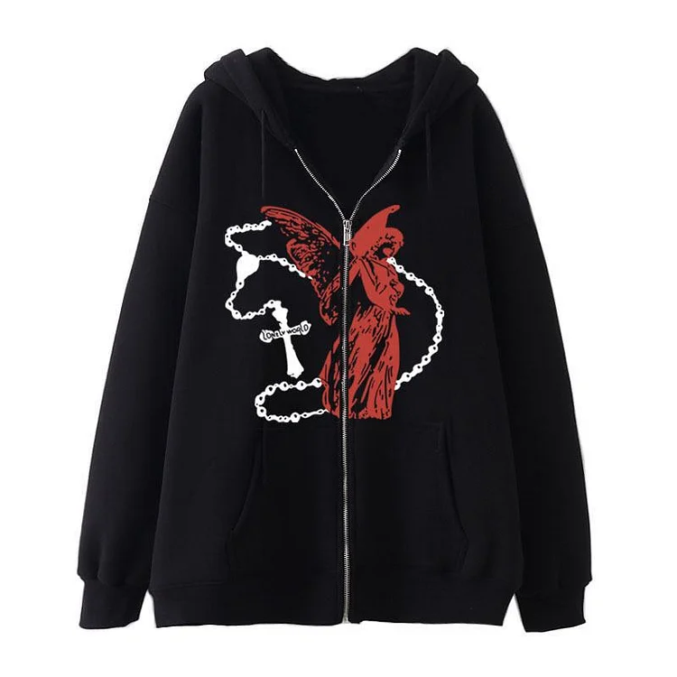 Angel Cross Print Zip Up Hoodie Gothic Loose Sweatshirt Jacket at Hiphopee