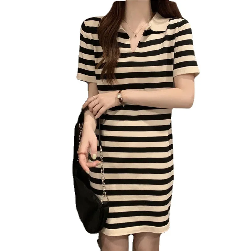 Uveng Uveng Version Of Temperament Striped T-Shirt Dress Retro POLO Received Waist-Skinny Straight Dress Summer Dress Girl