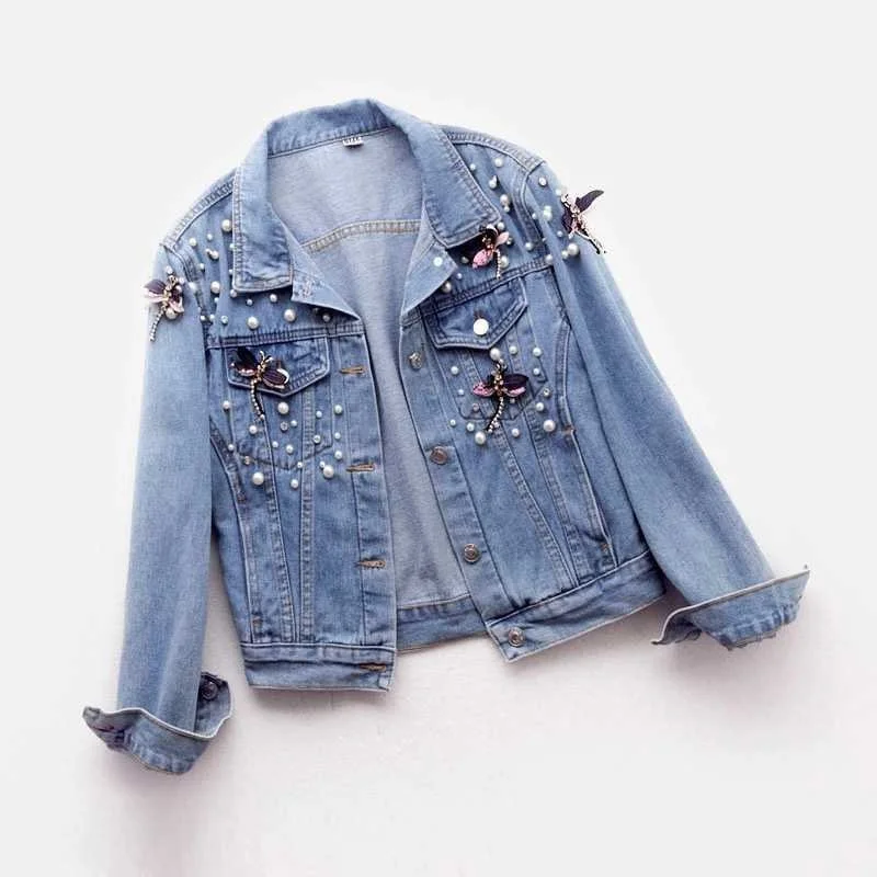2021 Autumn Denim Jacket Coat Women Beading Loose Overcoat Jeans Jacket Basic Coats Streetwear Long Sleeve Casual Outerwear