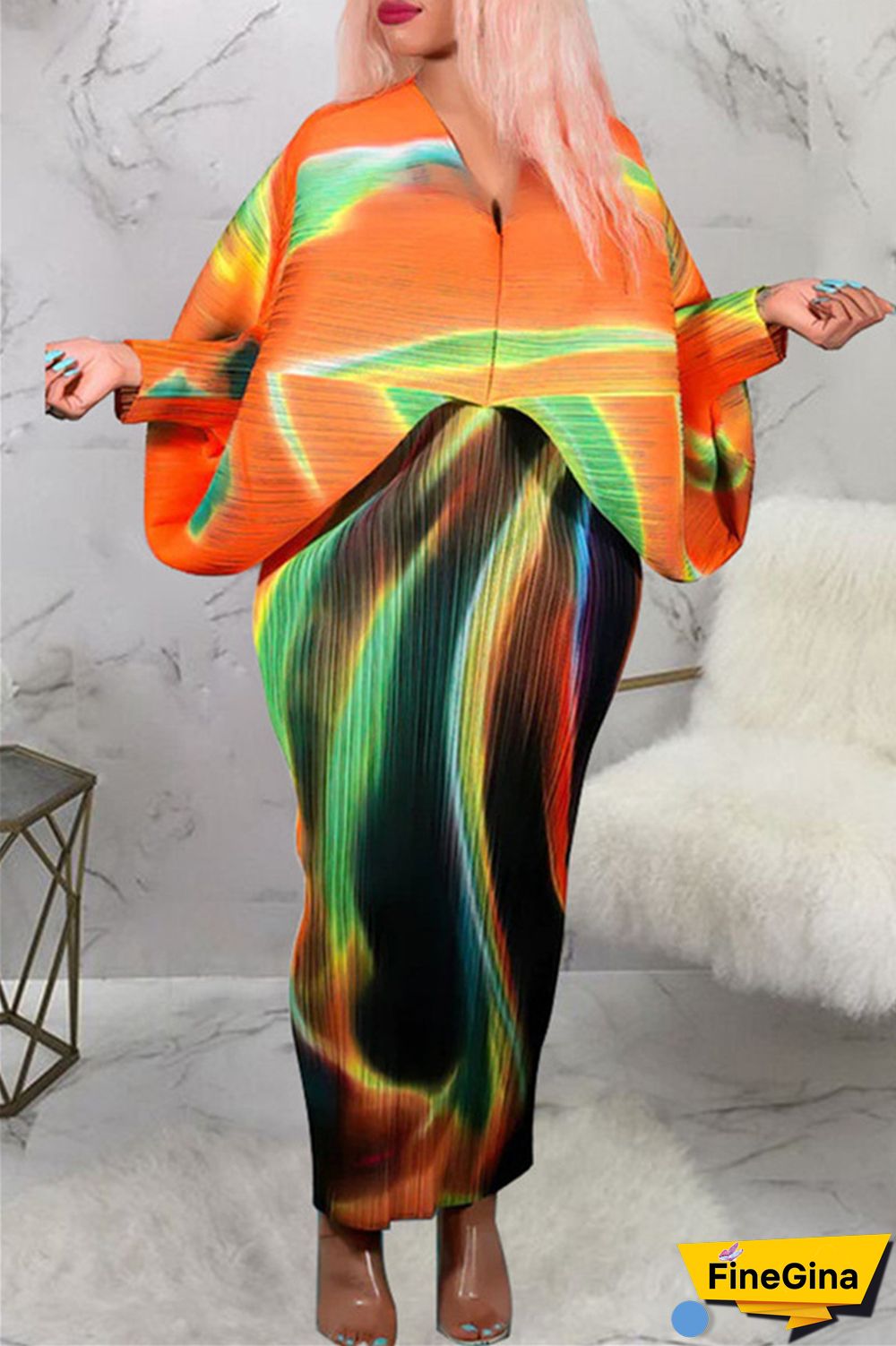 Pink Purple Casual Print Patchwork V Neck Pencil Skirt Plus Size Dresses