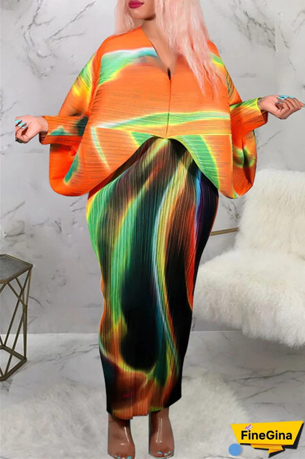 Pink Purple Casual Print Patchwork V Neck Pencil Skirt Plus Size Dresses