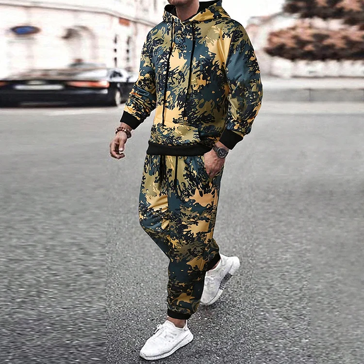 Broswear Yellow Camouflage Pattern Print Casual Tracksuit Two Piece Set
