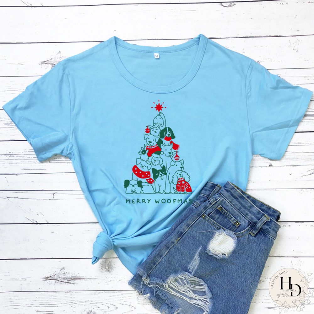 Merry Woofmas Colored Print T-shirt Kawaii Dog Lover Christmas Holiday Gift Tshirt Funny Women Graphic Tees Tops Drop Shipping