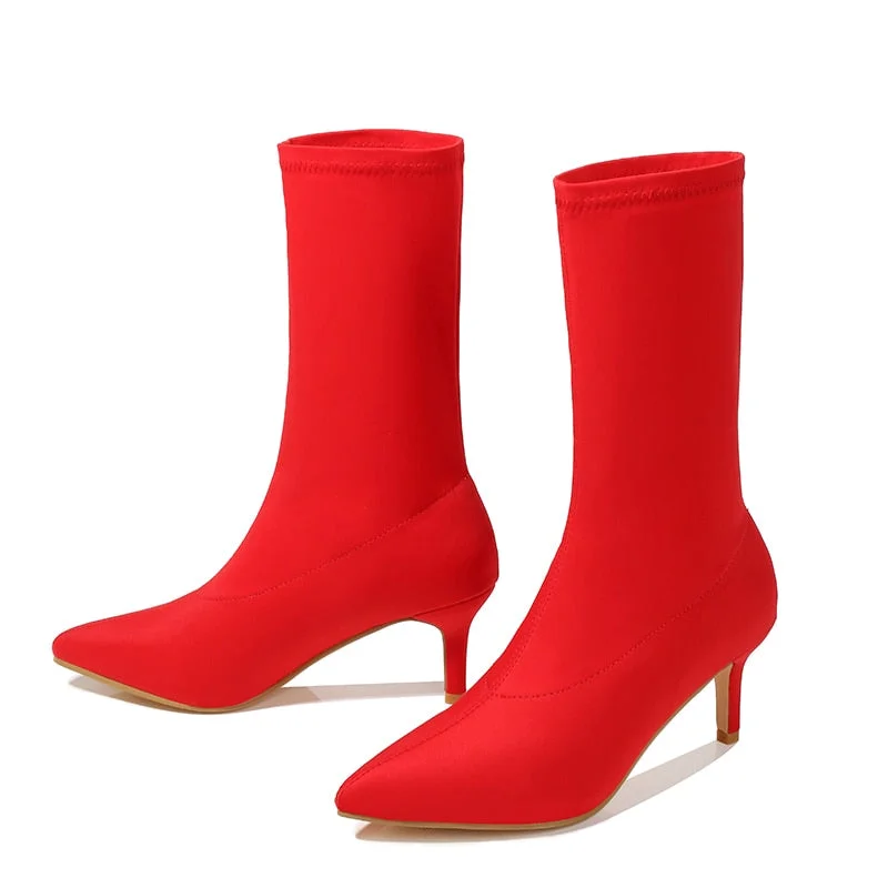 2019 Autumn Women Sock Boots Stretch Fabric Slip On 6CM High Heels Pointed Toe Ankle Boots Women Pumps Stiletto Ladies Shoes