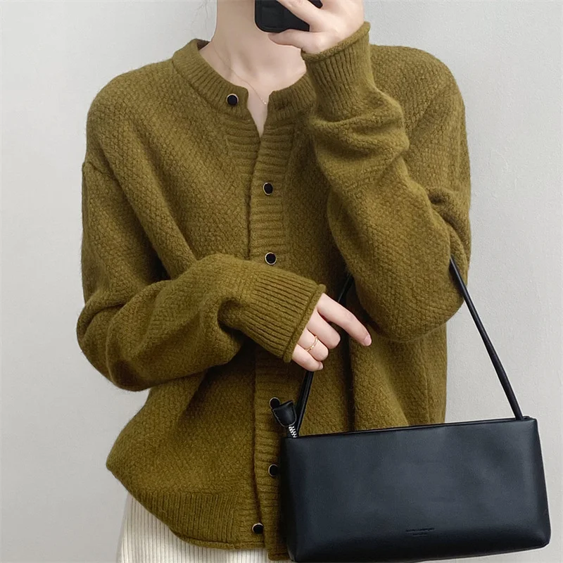 Toloer Toloer 2023 New Contracted Long Sleeve Lazy Round Collar Single Breasted Knit Sweater Female Loose Cardigan Pure Color Coat-Outfit Ideas