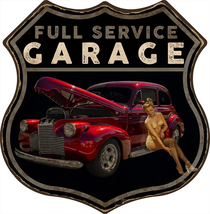Pin up girl garage - shield vintage en étain enseignes - 11.8x11.8inch