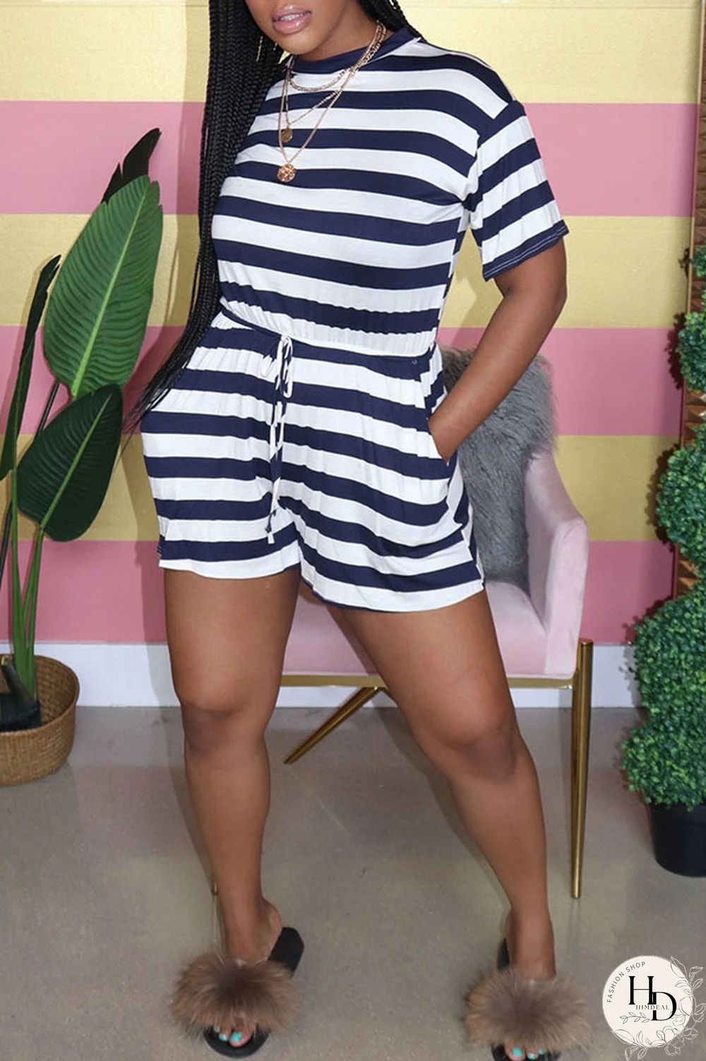 Pink Fashion Casual Striped Polyester Short Sleeve O Neck Jumpsuits