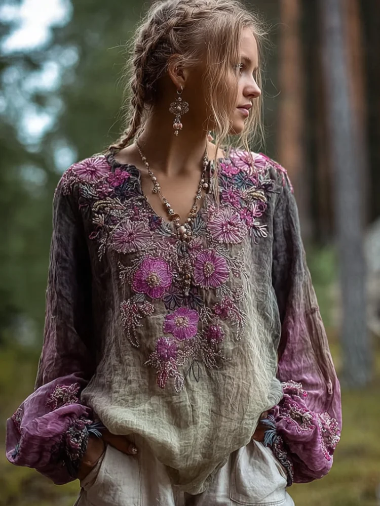 Bohemian Style Round Neck Long Sleeve 3d Purple Flower Design Cotton And Linen Top For Women