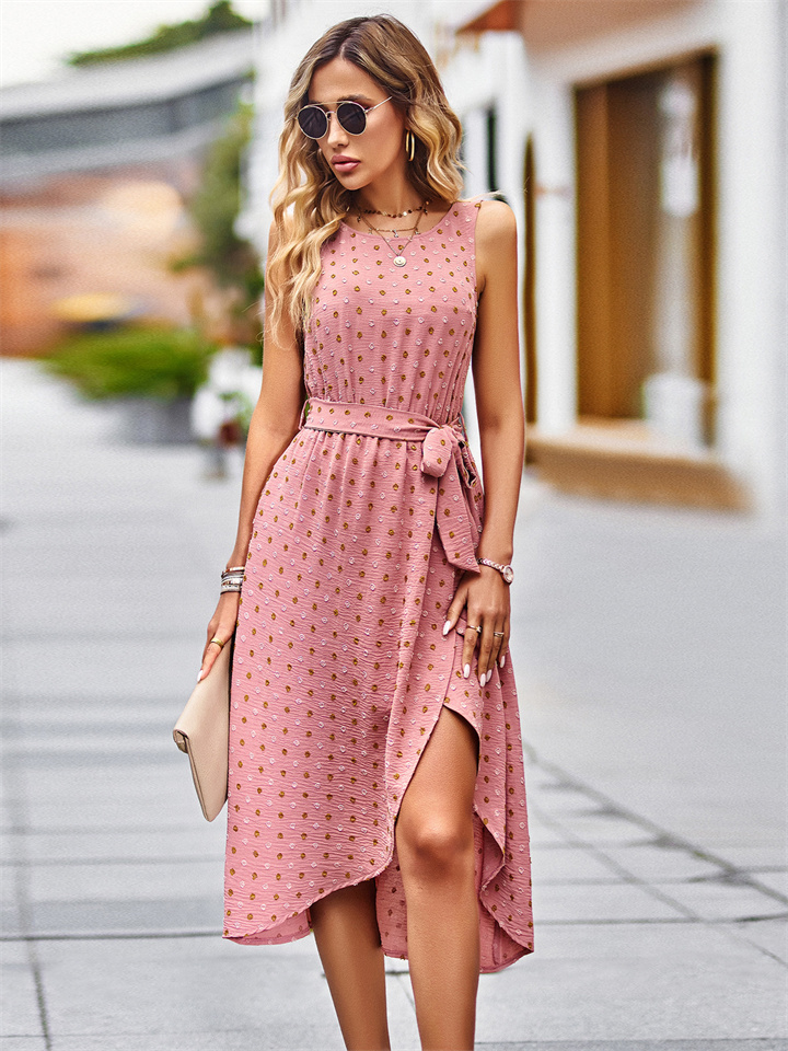 Women's Spring and Summer Temperament Elegant Jacquard Straps Waist Sleeveless Tank Dress S-XL