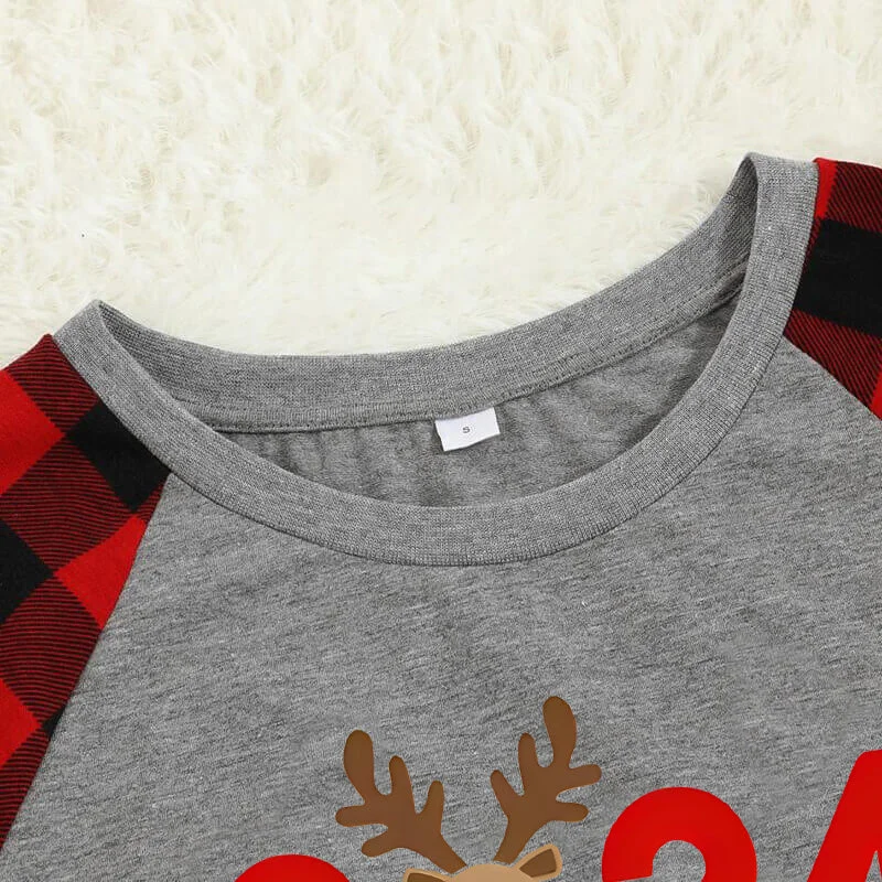 "2024 Family Christmas" Moose Letter Prints Black & Red Plaid Family Matching Grey Pajamas With Dog bandana