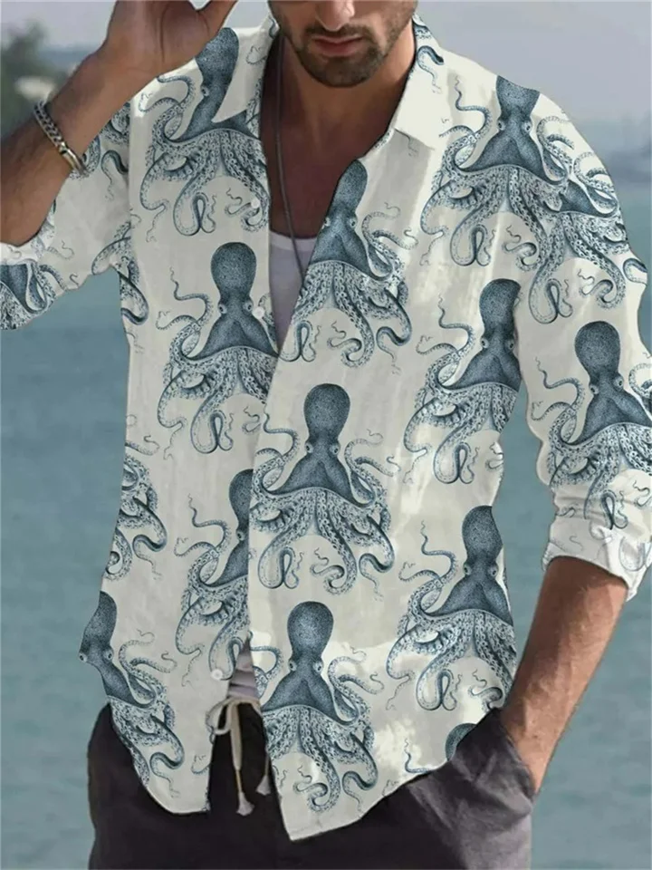 Summer Men's Lapel Shirts Men's 3D Printing Lapel Cardigan Four Seasons Long-sleeved Floral Print Shirt-Cosfine