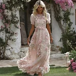 Women's Floral Art Flowy Linen Blend Casual Short Sleeve Maxi Dress - Image 2