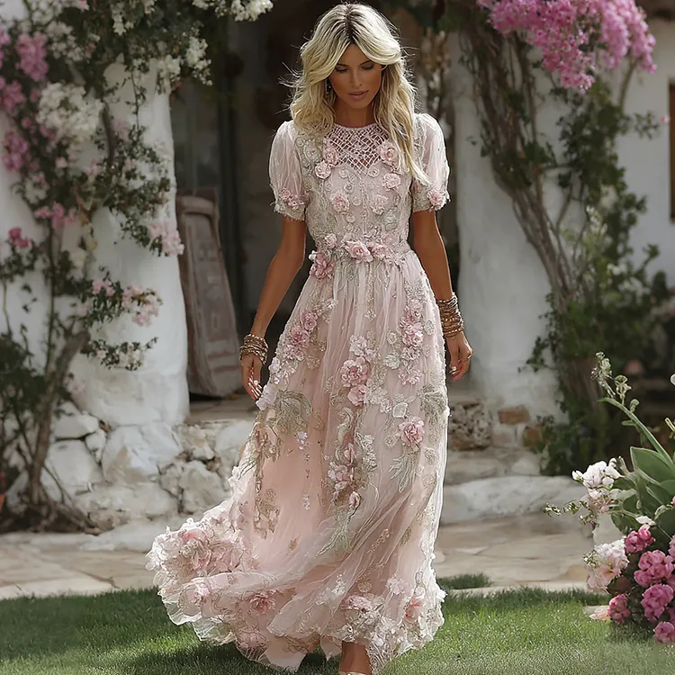 Women's Floral Art Flowy Linen Blend Casual Short Sleeve Maxi Dress