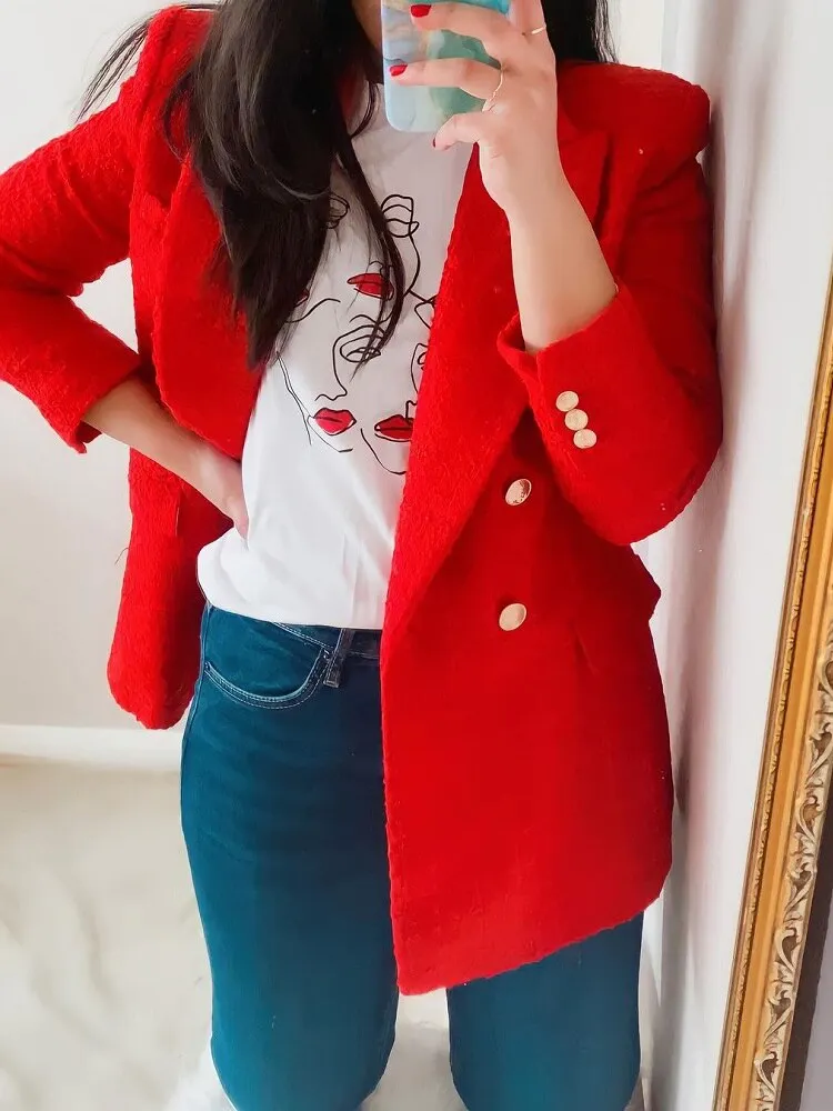 Stylish Elegant Red Double Breasted Tweed Jacket Women 2021 Fashion Pockets Turn-down Collar Coats Female Chic Outerwear