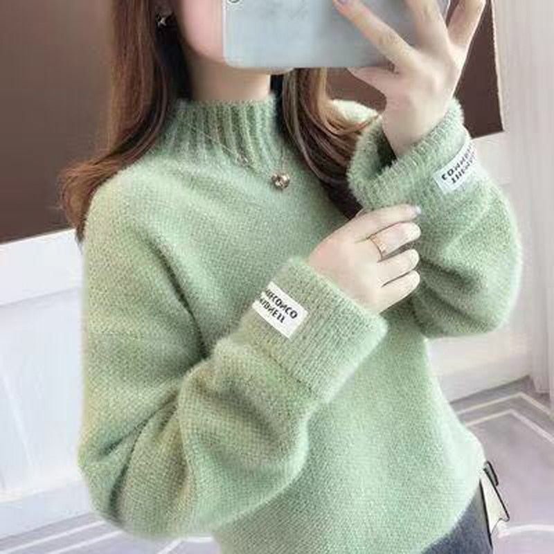 Zoki Women Half Turtleneck Sweater Autumn Loose Wool Pullover Knitted Jumper Long Sleeve Letter Top Casual Warm Ladies Blouse