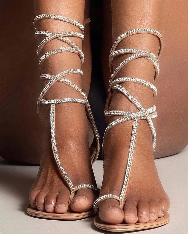 Nude Rhinestone Strappy Flat Thong Sandals |FSJ Shoes