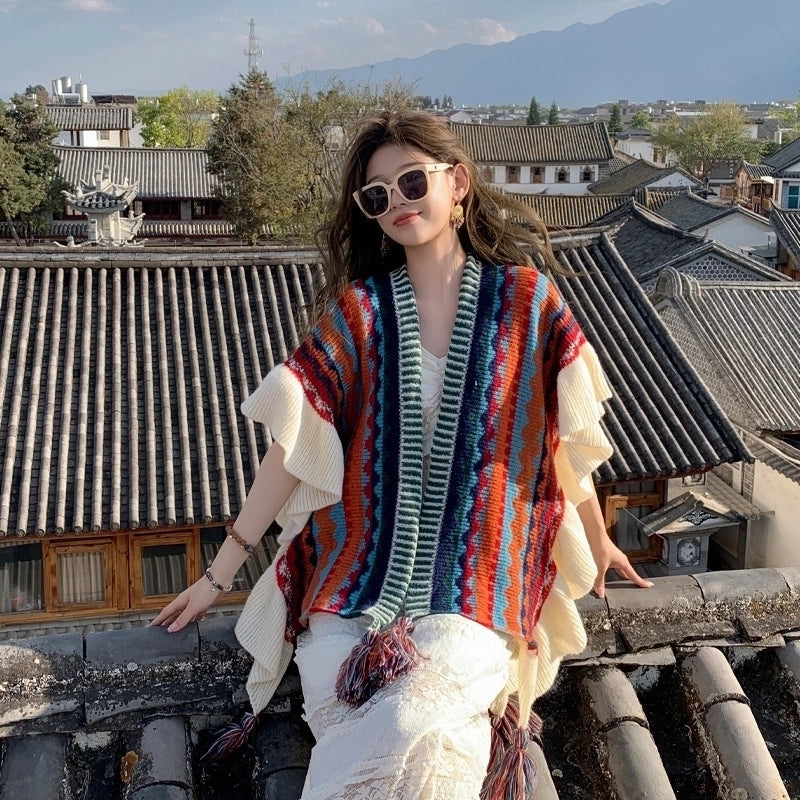 Yunnan Lijiang Travel Outside Knitted Shawl Ethnic Style Vintage Cape Cloak Tassel Scarf For Vacation Wear