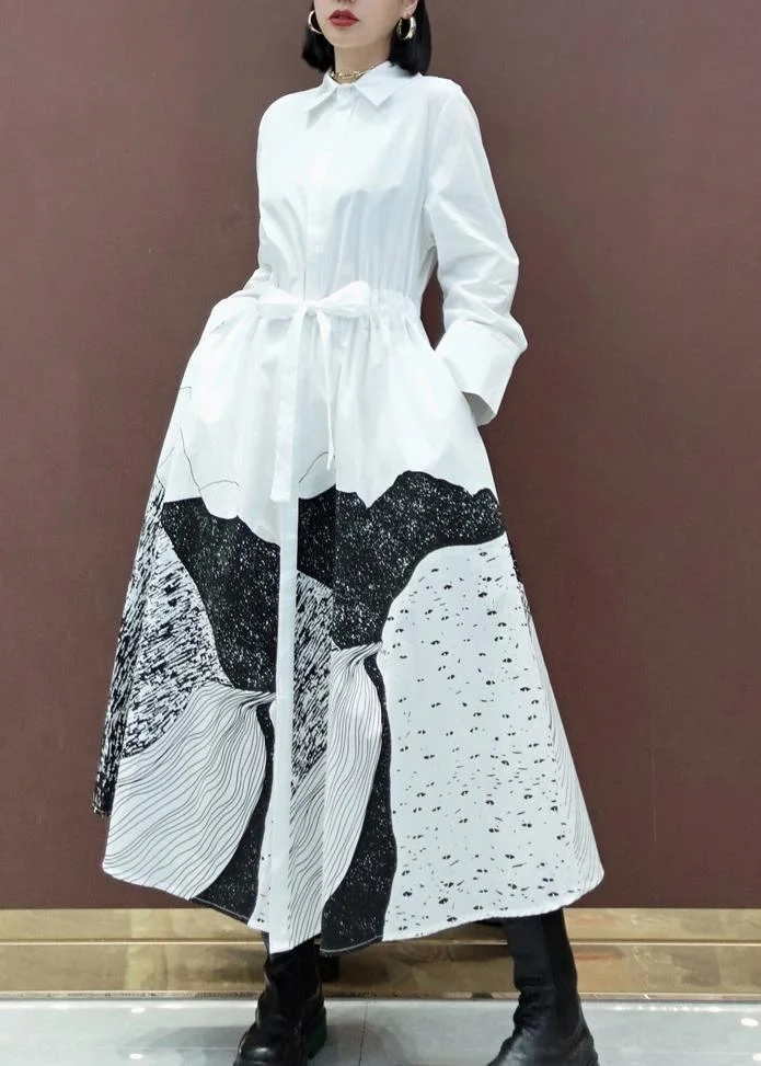 Simple Lapel Drawstring Spring Dresses Work Outfits White Print A Line Dress
