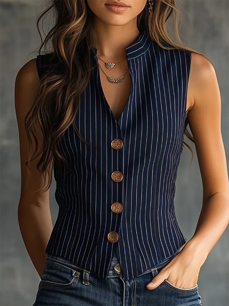 Elegant Casual Striped Stand-Collar Shirt