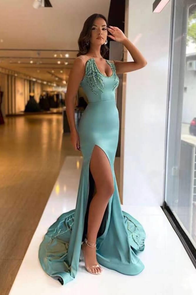Mermaid Sleeveless Long Beads Prom Dress With Split | Ballbellas Ballbellas