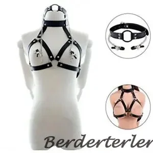 pornhint Pornhint PU Leather Cupless Bra Mouth Ring Gags Clamps&Chain Restraints Harness Female