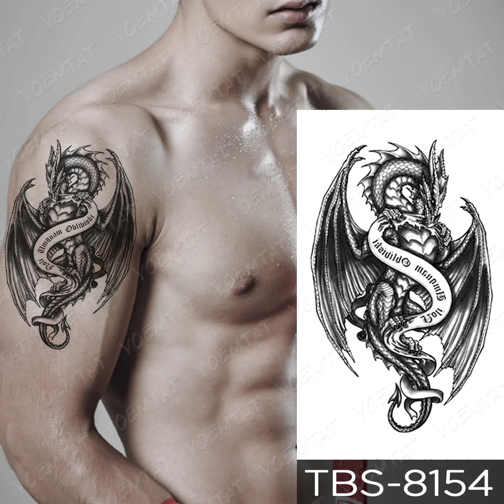sdrawing Temporary Tattoo Sticker Yin Yang Dragon Feather Wings Flash Tattoos Wolf Totem Body Art Arm Fake Tatoo Men