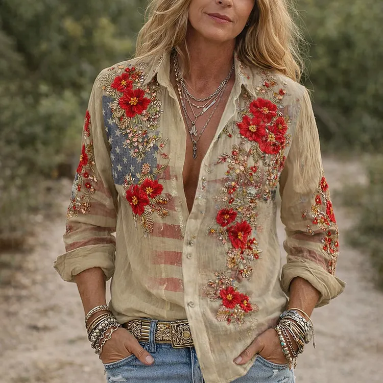 Women's 250th Anniversary  Floral Art Print Casual Shirt