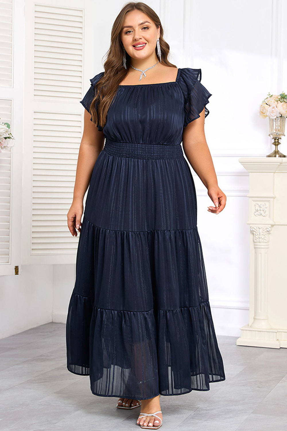 Plus Size Mother Of The Bride Navy Blue Textured Off The Shoulder Ruffle Sleeve Smocking Layered Maxi Dress 2024 - Flycurvy 