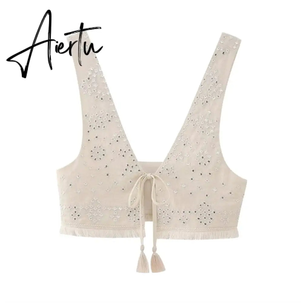 Fashion Y2K Embroidery Women Waistcoats Vintage V Neck Sleeveless Tassels Hem Tied Front Slim Vest Summer Female Thin Crop Top Aiertu